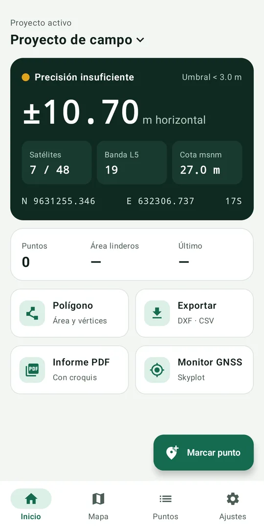 Pantalla de inicio de AstroTrack con el estado del GNSS