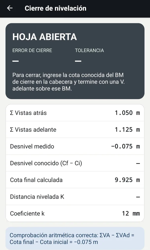 Pantalla de cierre de nivelación con sumas y comprobación aritmética